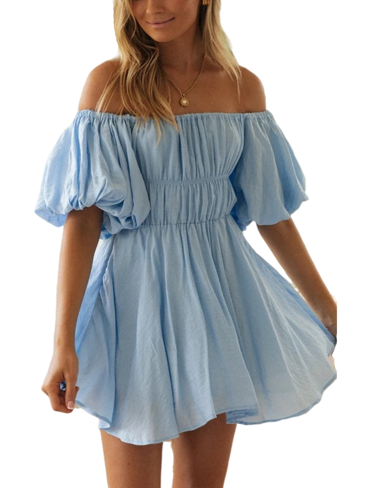 Sexy Dance Puff Sleeve Mini Dress For Women Off Shoulder Summer Casual  Beach Sundress Elastic Waist Comfy Dress - Walmart.com